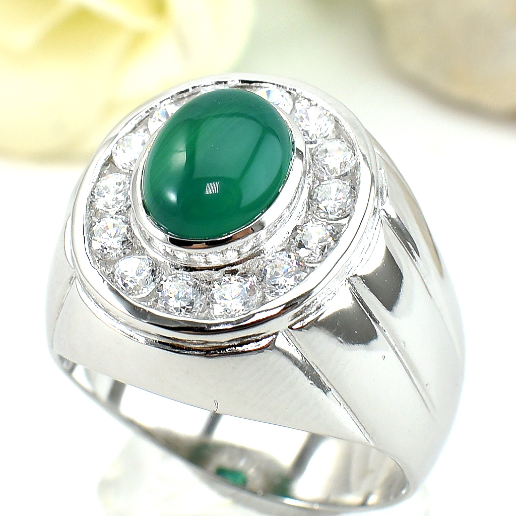 แหวนเงินแท้ราคาถูกชุบทองคำขาว พลอยแท้กรีนอะเกท 1.802 กะรัต เพชรCZ 0.70 กะรัต งานประณีตสวยงาม สั่งผลิตค่ะ