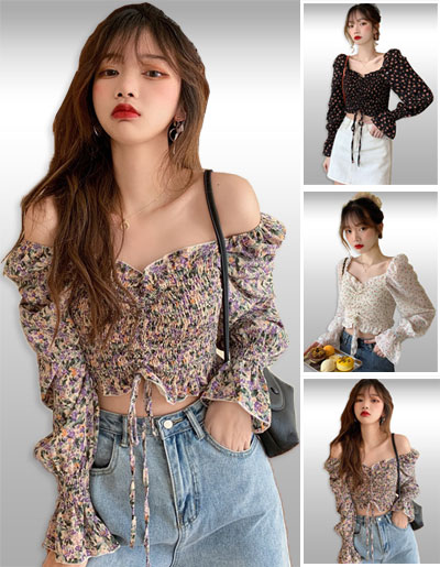 เสื้อครอปแฟชั่นแขนยาวไหล่ตุ๊กตาสวยหวาน มี3สี รหัส2323