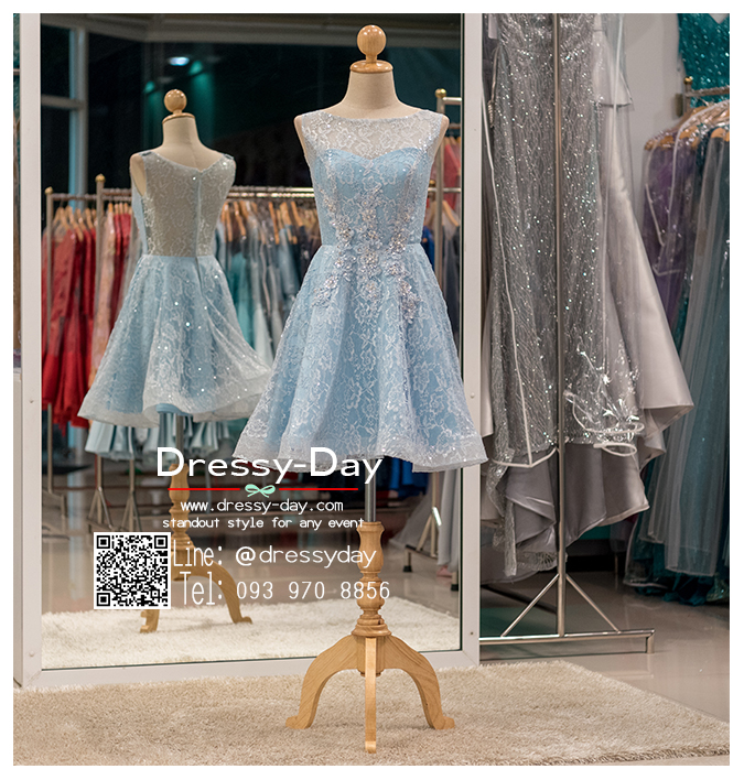 รหัส ชุดราตรีสั้น : PF019 ชุดเดรสออกงานสีฟ้า ชุดราตรีสั้นลูกไม้ ช่วงบนซีทรูปักเลื่อมลูกปัดสุดหรู ใส่ไปงานหมั้น งานแต่งงาน งานเลี้ยง งานประกวด งานรับปริญญา สวยน่ารักสุดๆ