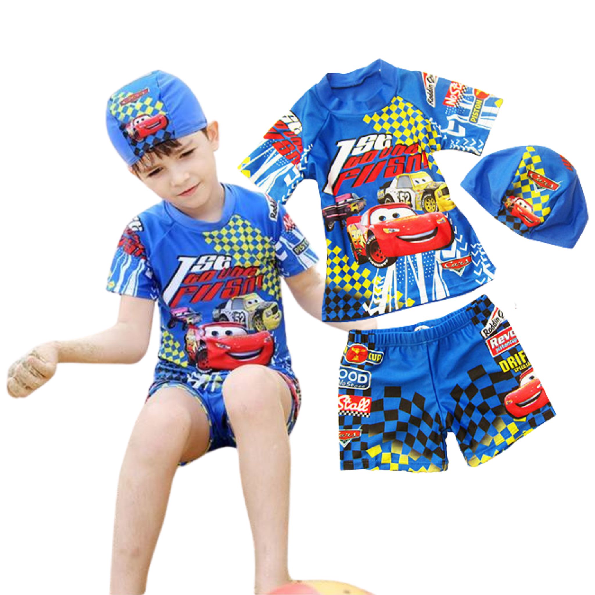 **พร้อมส่ง ชุดว่ายน้ำเด็กชาย บอดี้สูท เซ็ท คาร์สีน้ำเงิน