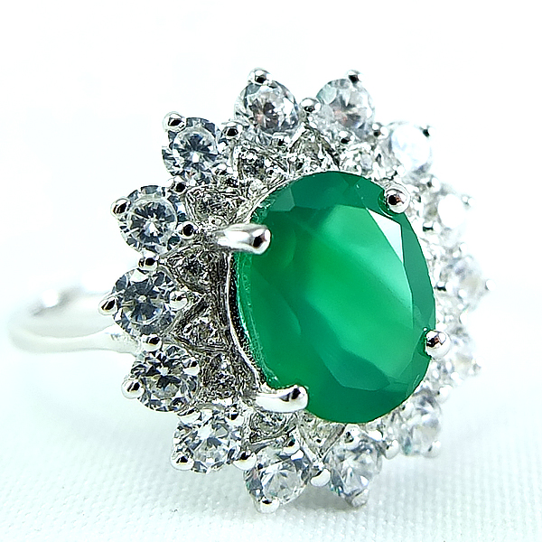 แหวนเงินแท้ราคาถูกชุบทองคำขาว พลอยแท้กรีนอะเกท 1.80 กะรัต เพชรCZ 0.658 กะรัต งานประณีตสวยงาม สั่งผลิตค่ะ