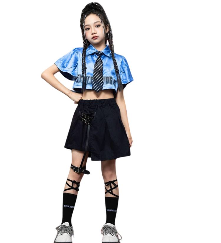 พร้อมส่ง ชุดเต้น เสื้อ+กางเกง/กระโปรงสีฟ้า-เงิน