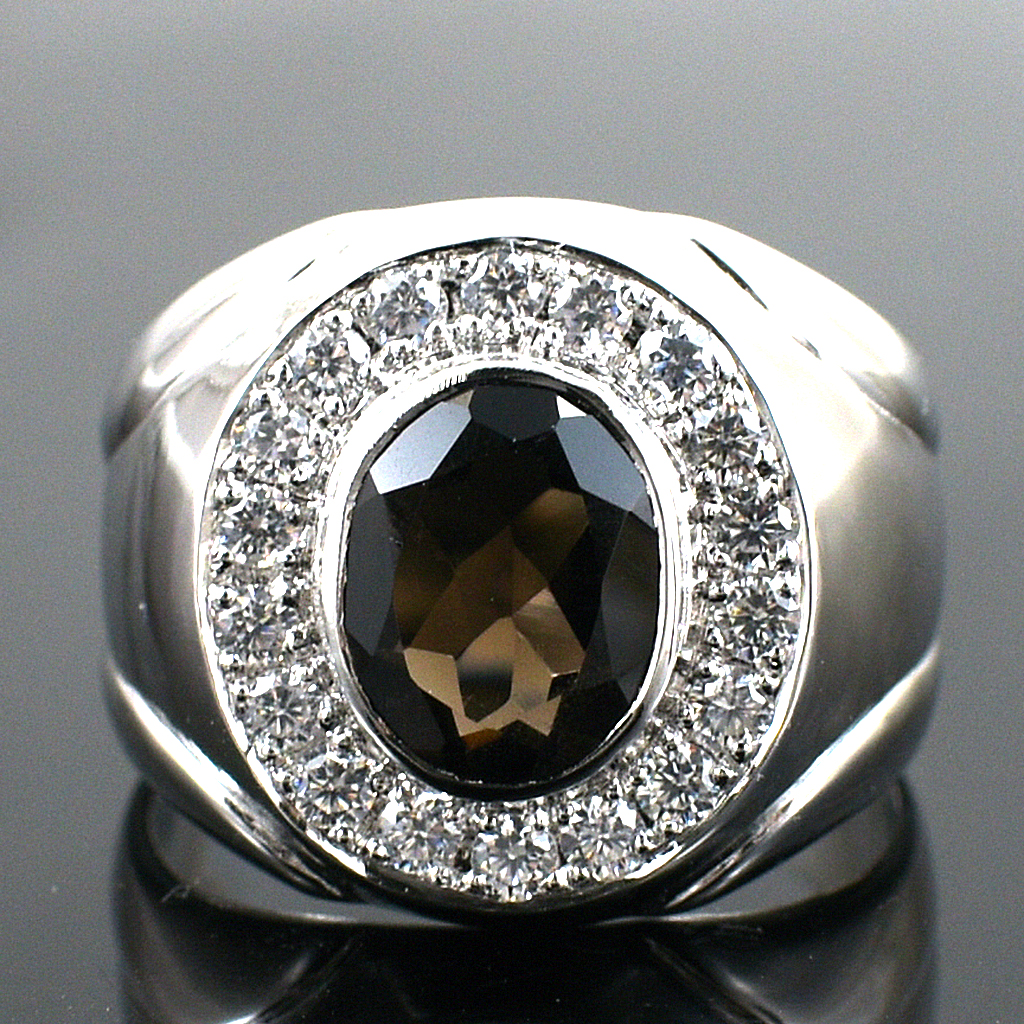 แหวนเงินแท้ราคาถูกชุบทองคำขาว พลอยแท้สโมกกี้ควอทซ์ 2.65 กะรัต เพชรCZ 0.32 กะรัต งานประณีตสวยงาม สั่งผลิตค่ะ