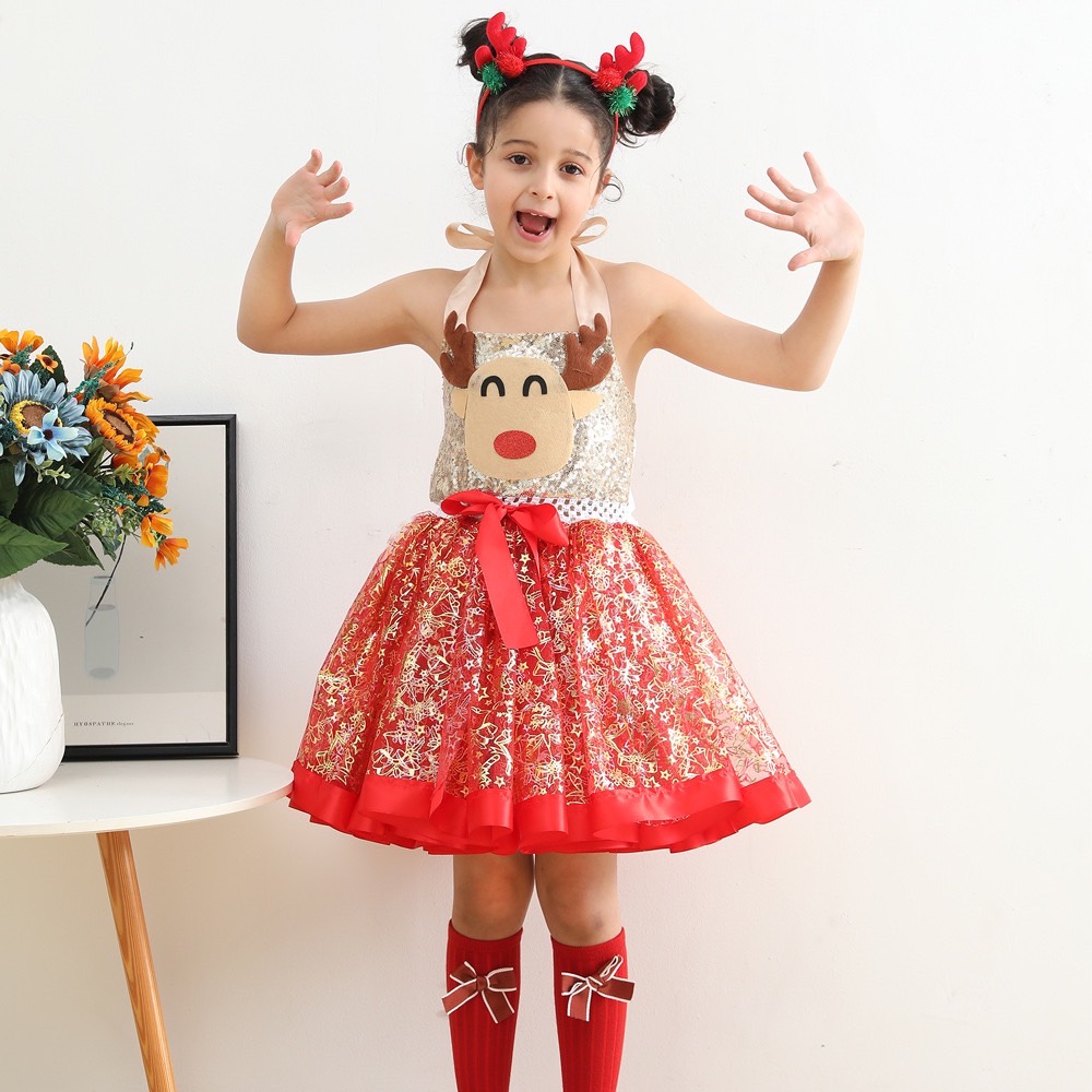 พร้อมส่ง ชุดเดรส คริสต์มาส กวางเรนเดียร์ กระโปรงแดง พร้อมที่คาดหัว