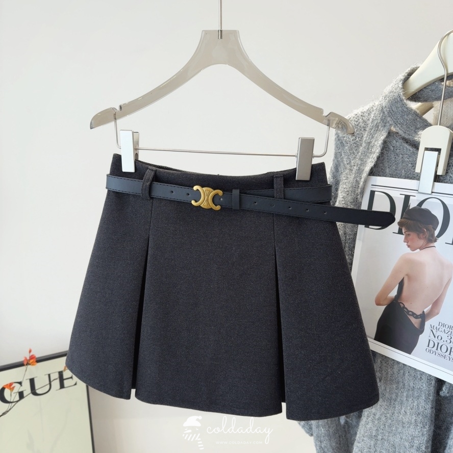 กระโปรงผ้าวูลทรงจีบ Belt Wool Skirt มี 3 สี S-XL