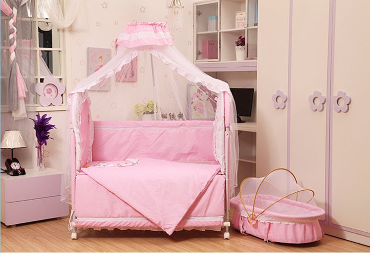 เตียงนอนเด็ก (สไตล์ยุโรป) สีชมพู TP21023 ครบเซ็ทแถมเปลเล็ก