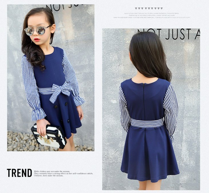 F-ชุดเด็ก : เดรสสีกรมแขนยาวลายทาง+ผ้าผูกเอว