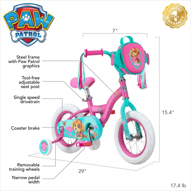 รถจักรยาน Nickelodeon 12in. Paw Patrol Skye Girls Kids Bike, Ages 2 to 4, Pink