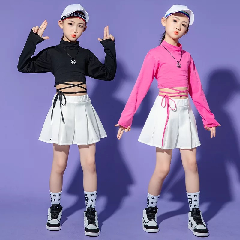 ชุดเต้น ชุดแดนซ์ เสื้อผูกเอว แขนยาว+กระโปรงสั้นสีขาว