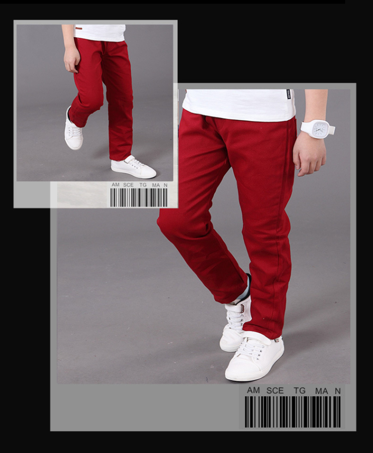 พร้อมส่ง กางเกงขายาว สีแดง กางเกงผ้า ปักลาย ด้านหลัง กางเกงเด็กสีแดง