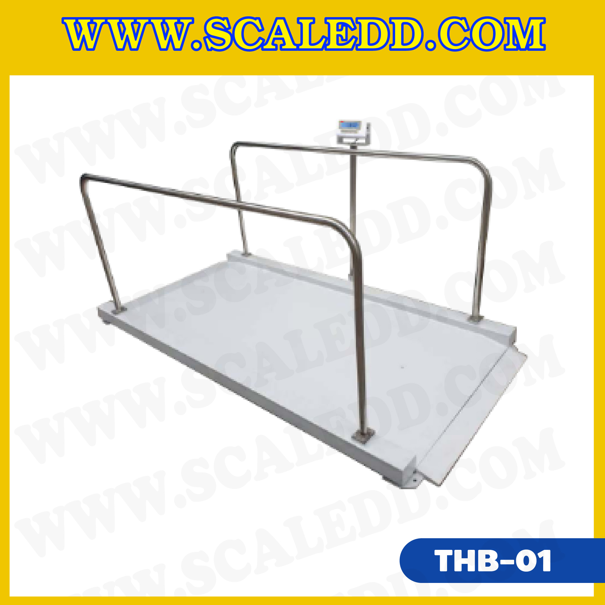 เครื่องชั่งน้ำหนักผู้ป่วย ใช้ชั่งรถวีลแชร์ผู้ป่วย ขนาดแท่นชั่ง 100x200 cm. พร้อมราวกันตกและทางขึ้น-ลง ทั้งซ้าย-ขวา พิกัด 300 กิโลกรัม ค่าละเอียด 100 กรัม มาพร้อมฟังก์ชั่น BMI