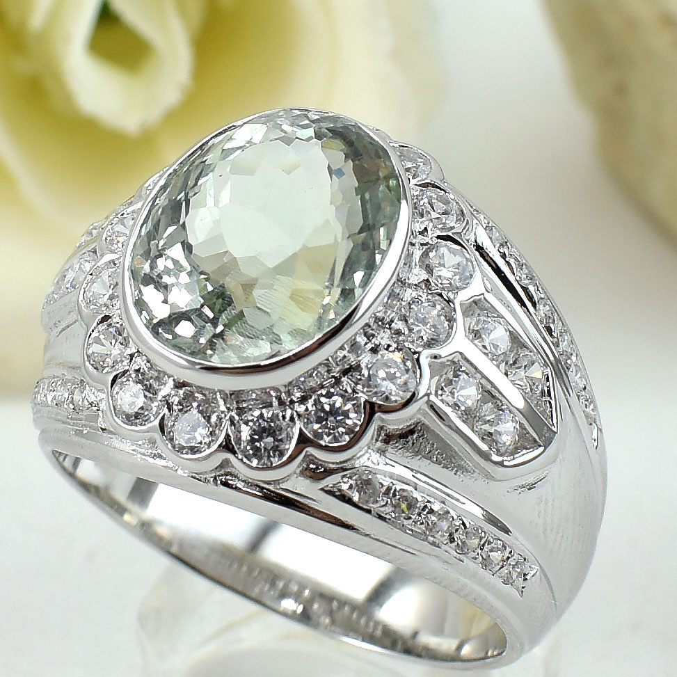 แหวนเงินแท้ราคาถูกชุบทองคำขาว กรีนแอมิทิสต์แท้ 4.80 กะรัต เพชรCZ 1.20 กะรัต งานประณีตสวยงาม สั่งผลิตค่ะ