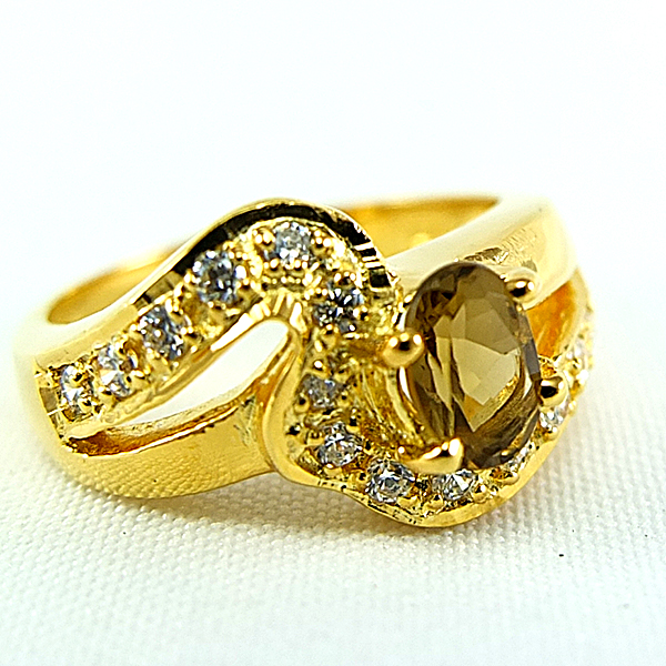 แหวนเงินแท้ราคาถูกชุบทองคำขาว พลอยแท้สโมกกี้ควอทซ์ 0.55 กะรัต เพชรCZ 0.21 กะรัต งานประณีตสวยงาม สั่งผลิตค่ะ