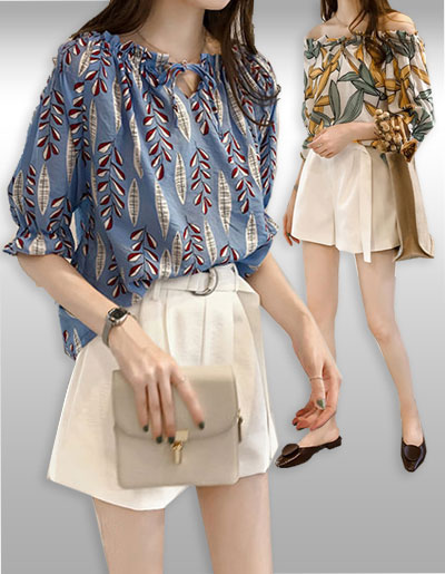 เสื้อแฟชั่นเปิดไหล่แต่งลายสวยๆมี2สี รหัส2051