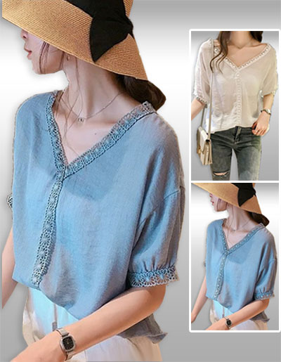 เสื้อแฟชั่นคอวีกุ๊นขอบลูกไม้สวยหวานมี2สีรหัส2061