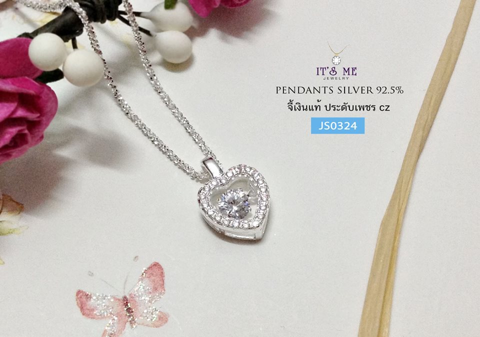 จี้เงินแท้ รูปหัวใจ ประดับเพชร cz เพชรตรงกลาง