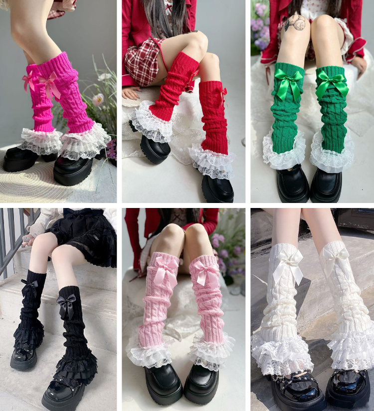 พร้อมส่ง ถุงเท้ายาว ปลอกขา โลลิต้า ระบายลูกไม้ ติดริบบิ้น