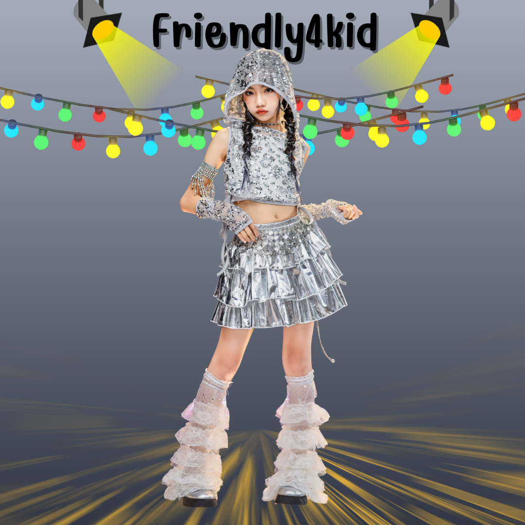 friendly4kid ชุดเต้น เด็กหญิง เซ็ต เสื้อเงิน+กระโปรงระบาย/กางเกง**รอเข้า