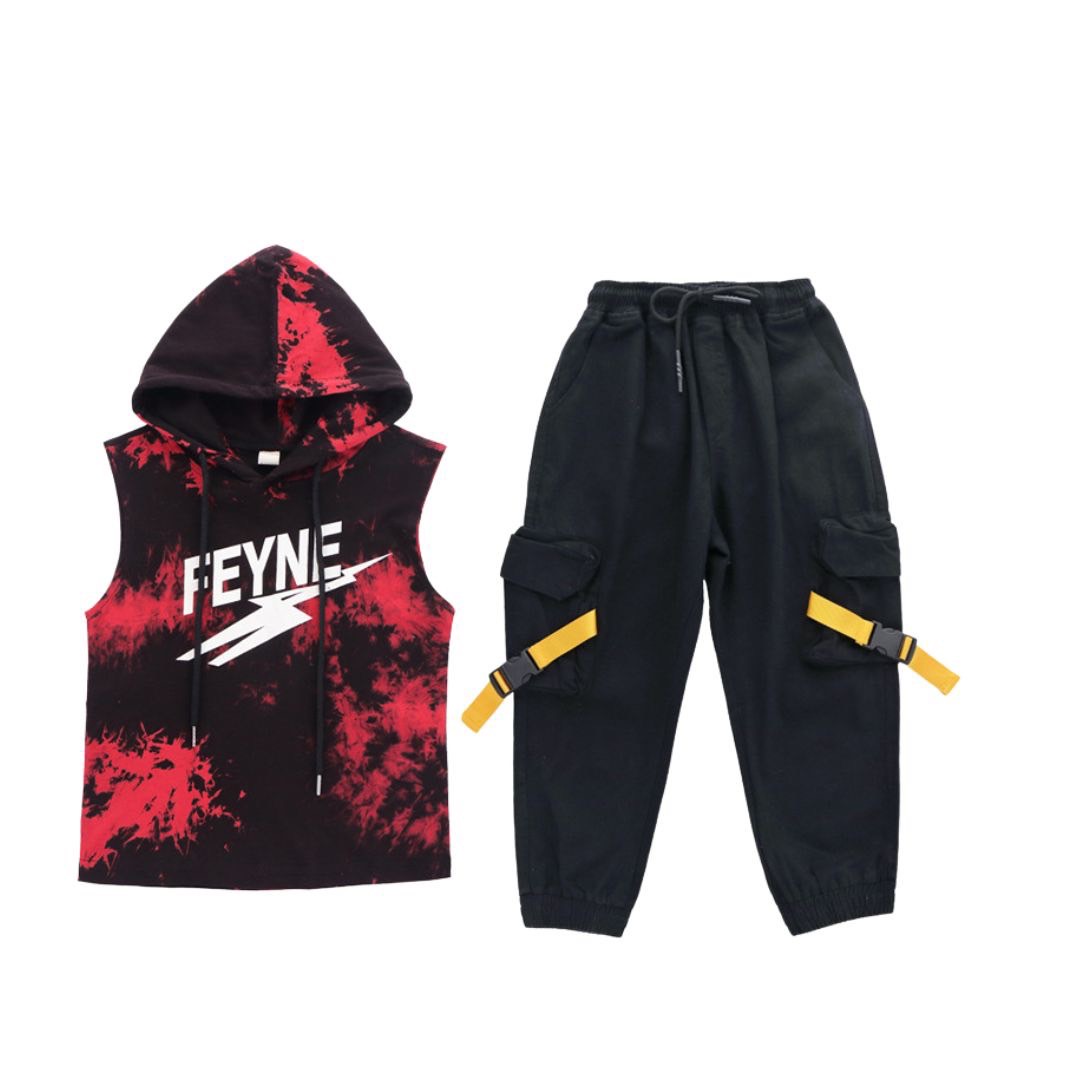 สินค้าพร้อมส่ง ****ชุดเต้น ชุดแดนซ์ เสื้อแขนกุดมีฮูด+กางเกงคาร์โก้ ขายาว