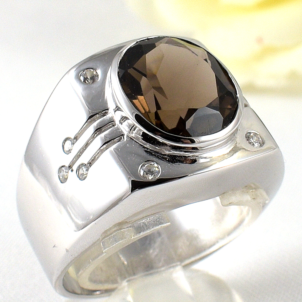 แหวนเงินแท้ราคาถูกชุบทองคำขาว พลอยแท้สโมกกี้ควอทซ์ 4.80 กะรัต เพชรCZ 0.19 กะรัต งานประณีตสวยงาม สั่งผลิตค่ะ