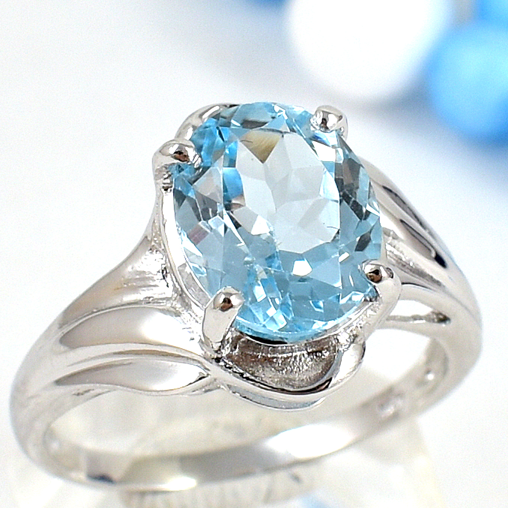 แหวนเงินแท้ราคาถูกชุบทองคำขาว สกายบลูโทปาซแท้ 3.35 กะรัต งานประณีตสวยงาม สั่งผลิตค่ะ