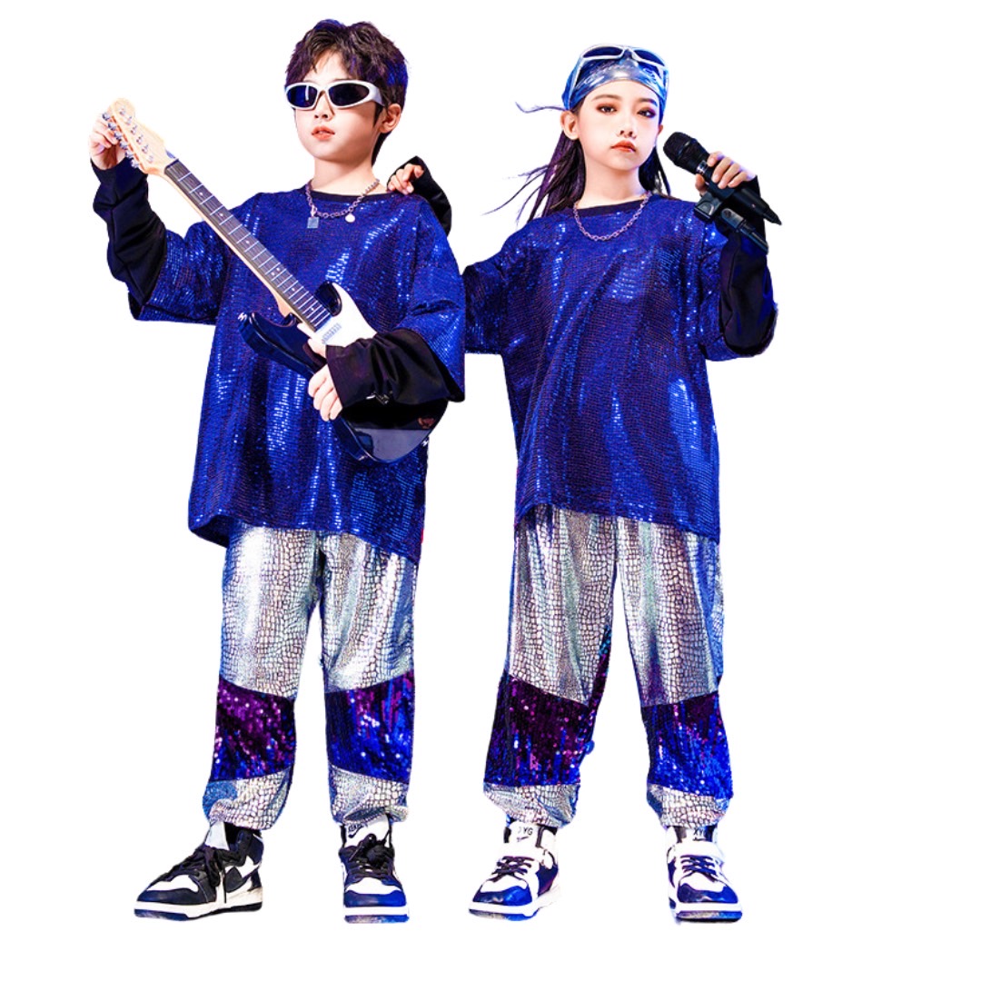 พร้อมส่งส่ง ชุดเต้น ชุดแดนซ์ ปักเลื่อม สีน้ำเงิน