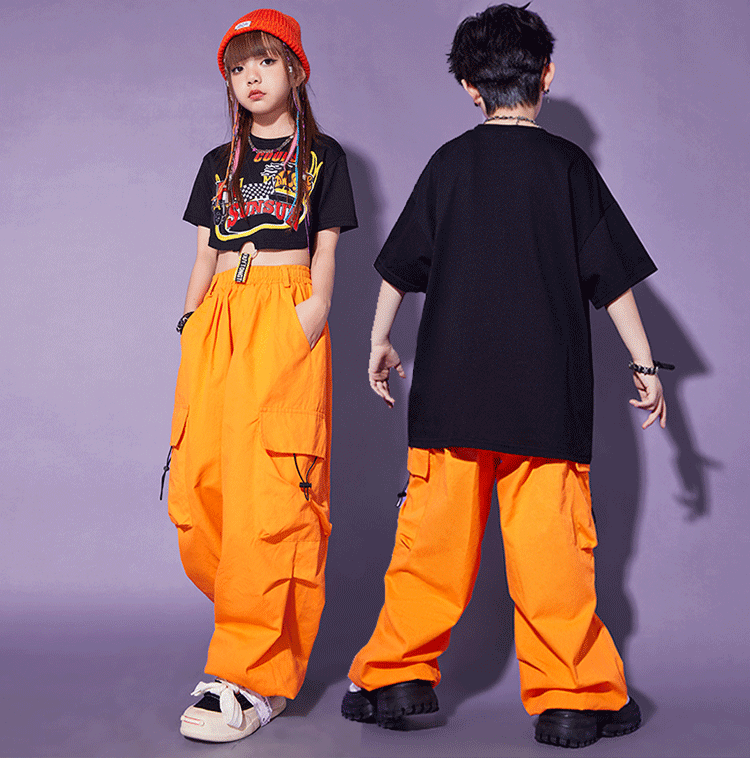 พร้อมส่ง ***ชุดเต้น แดนซ์ เสื้อเอวลอยแต่งลาย+กางเกงคาร์โก้ สีส้ม