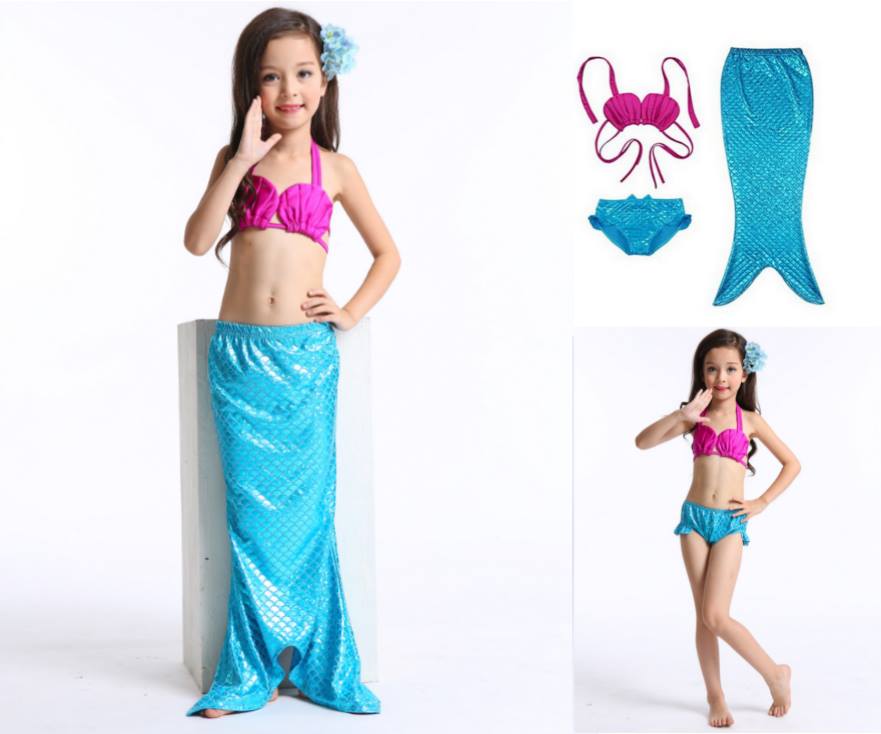 ชุดว่ายน้ำ นางนางเงือก เซ็ต 3 ชิ้น รุ่นเสื้อผูกอก สีชมพู-ฟ้า