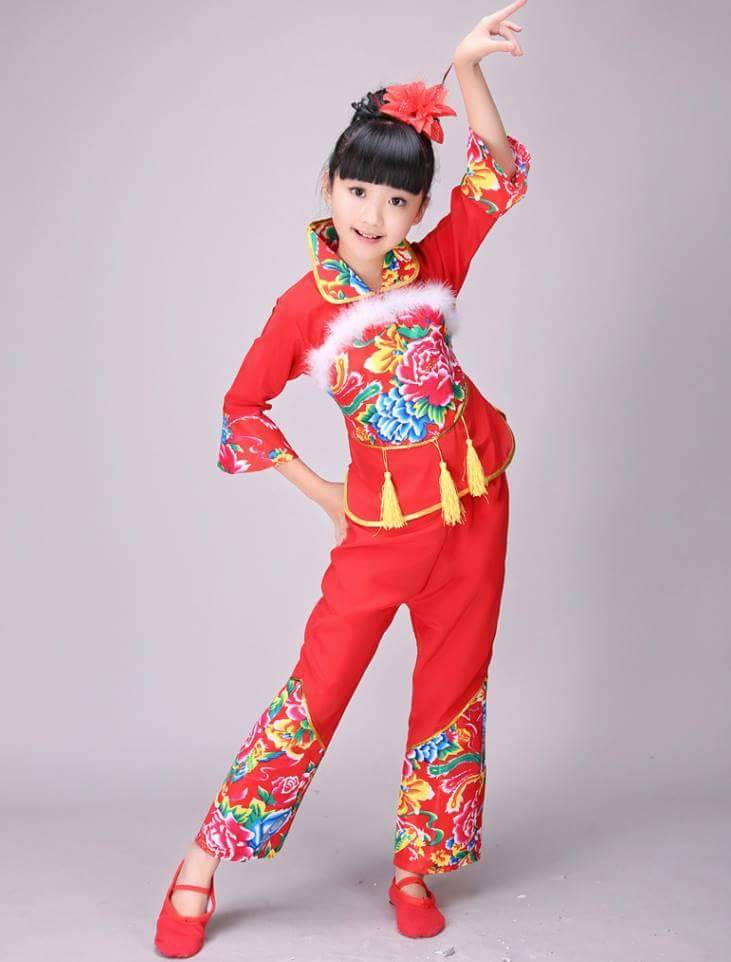 ชุดจีน กี่เพ้าแขนยาวระบายขน+กางเกงขายาว สีแดง