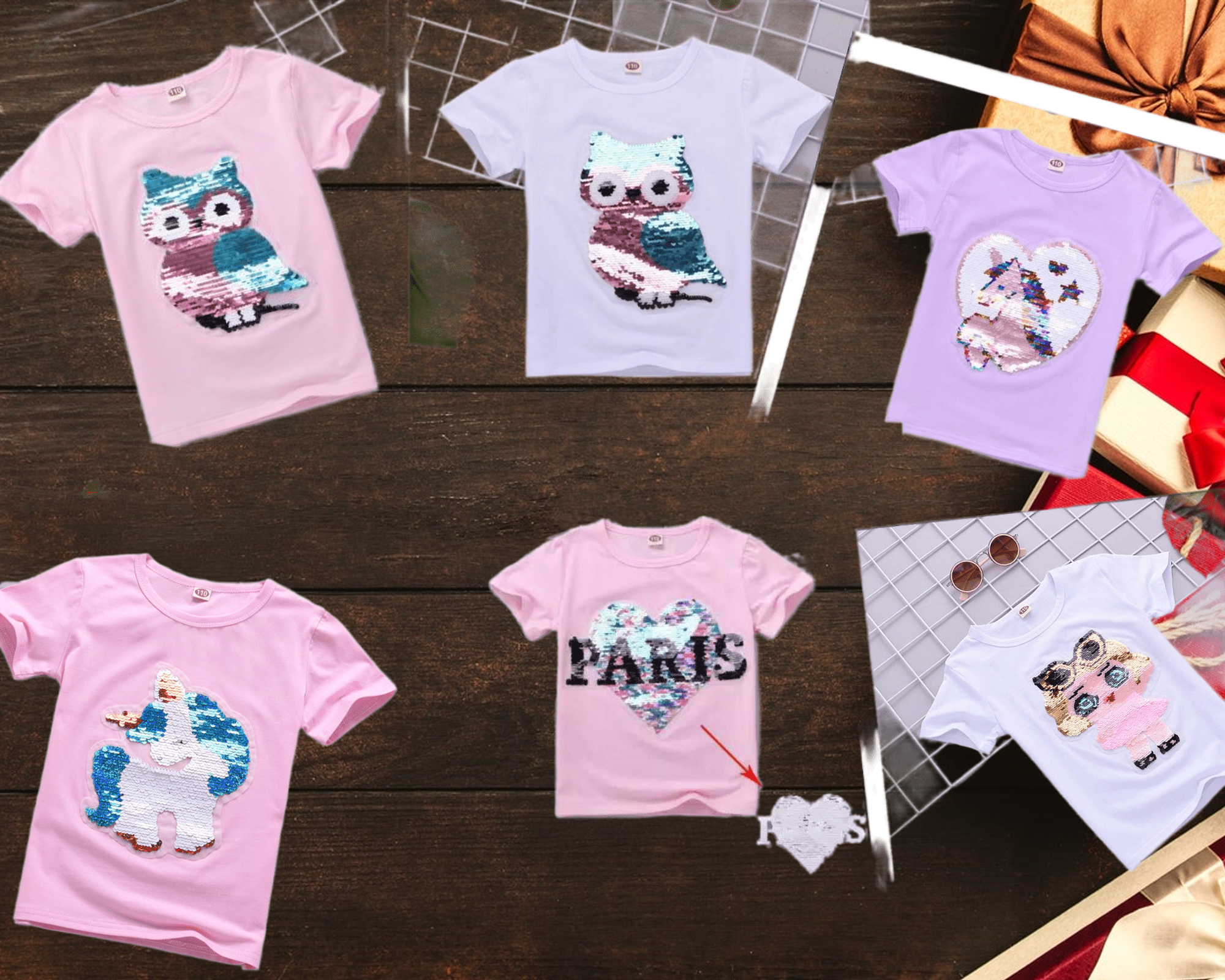 เสื้อเด็ก เสื้อยืด แขนสั้นปักเลื่อม ลายนกฮูกสีชมพู-ขาว