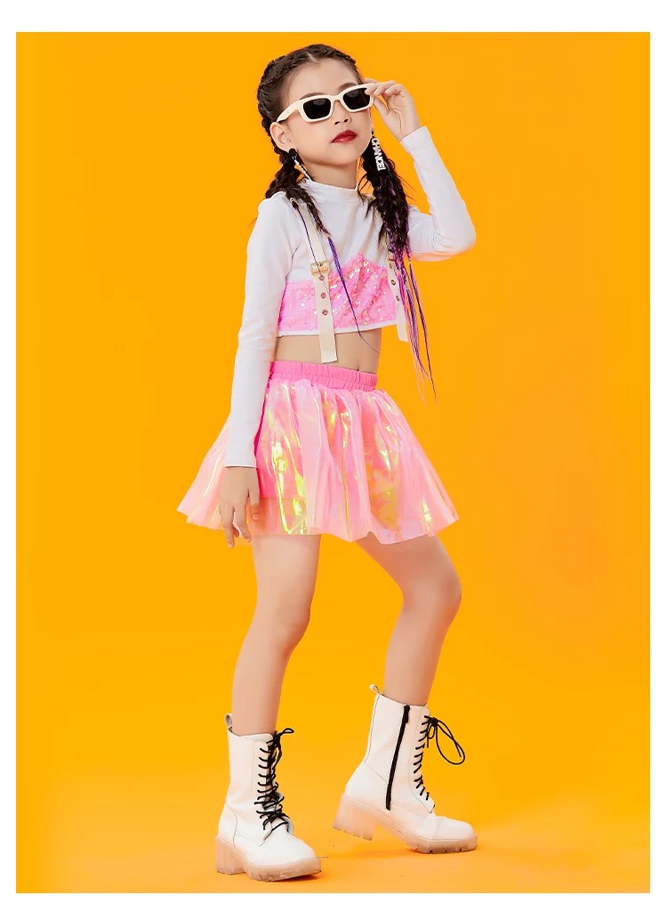 ชุดเต้น ชุดฮิปฮอป เซ็ตสีเสื้อแขนยาวสีขาวปักเลื่อม+กระโปรง สีชมพู