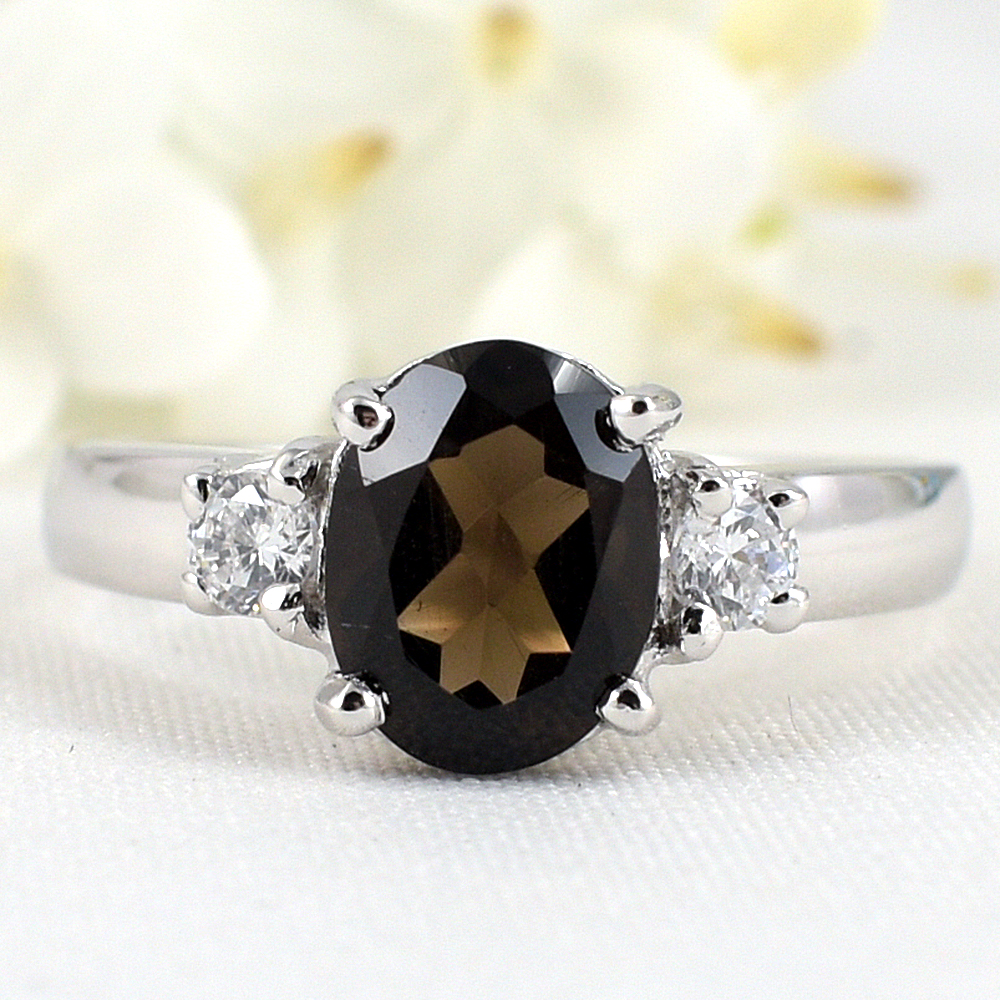 แหวนเงินแท้ราคาถูกชุบทองคำขาว พลอยแท้สโมกกี้ควอทซ์ 1.70 กะรัต เพชรCZ 0.20 กะรัต งานประณีตสวยงาม สั่งผลิตค่ะ