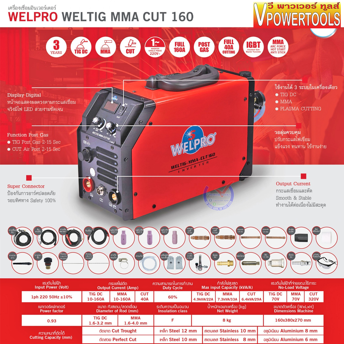 WELPRO WELTIGMMACUT160 เครื่องเชื่อม 3ระบบ TIG/MMA/CUT