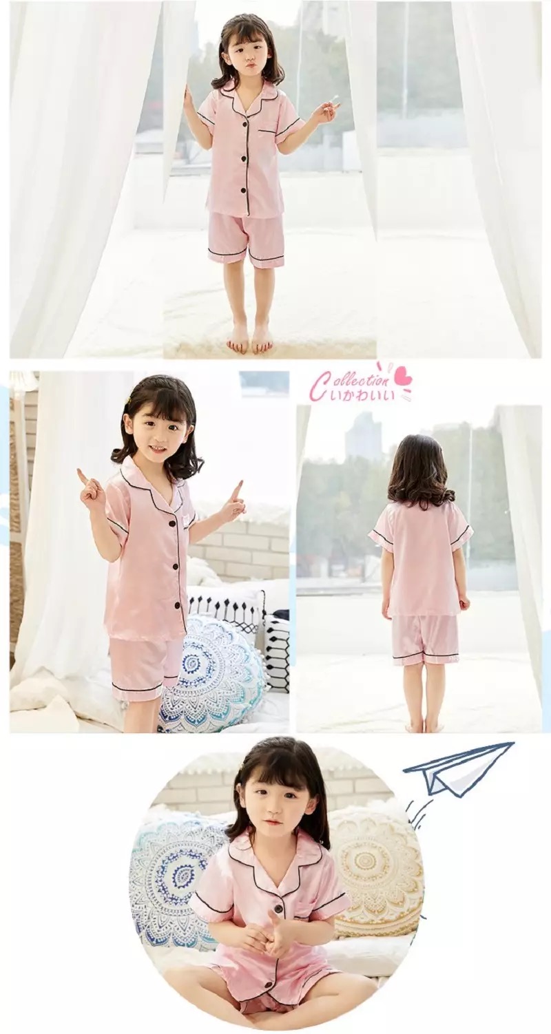 พร้อมส่ง ชุดนอนเด็ก ชุดนอนซาติ เซ็ท2ชิ้น เสื้อแขนสั้น+กางเกงขาสั้น