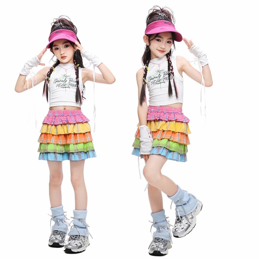 สินค้าพร้อมส่ง ***ชุดเต้น แขนกุดสีขาว+ปลอกแชย+กระโปรงระบายชั้นสีรุ้ง