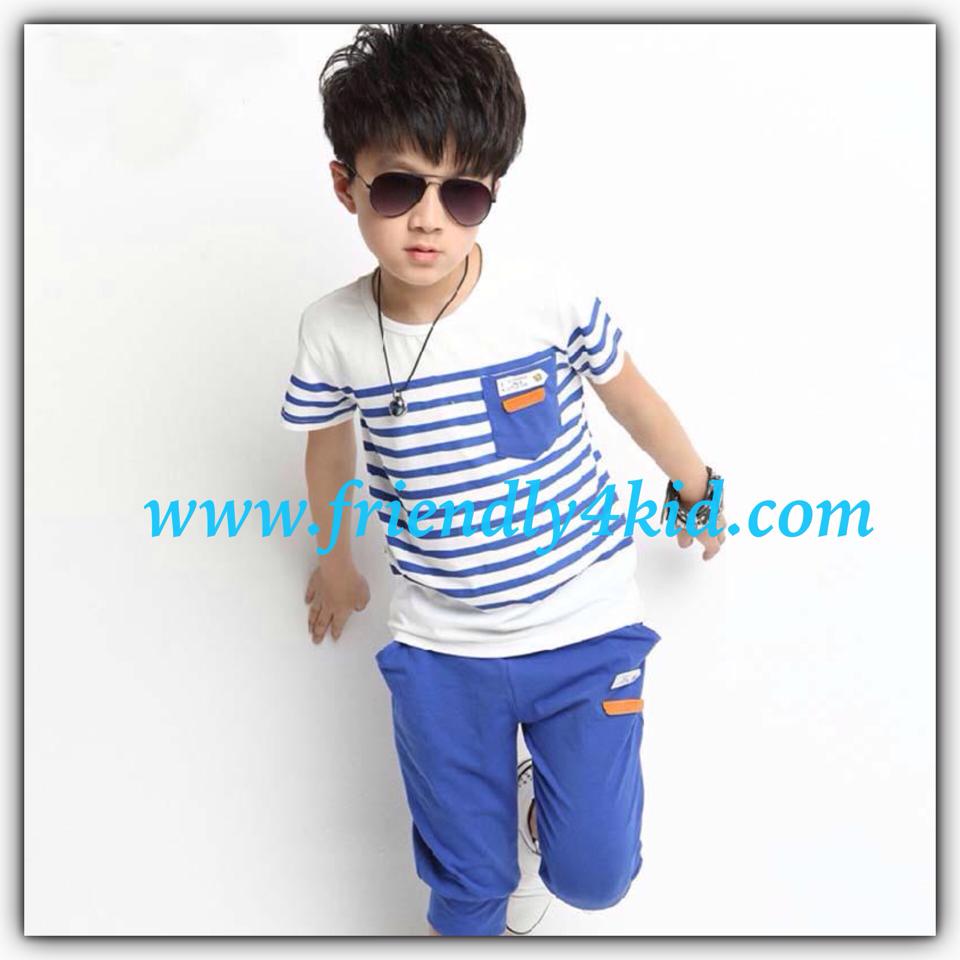 ชุดเด็ก : ชุดเซ็ตดสื้อลายขวาง สีเขียว+กางเกงสามส่วน