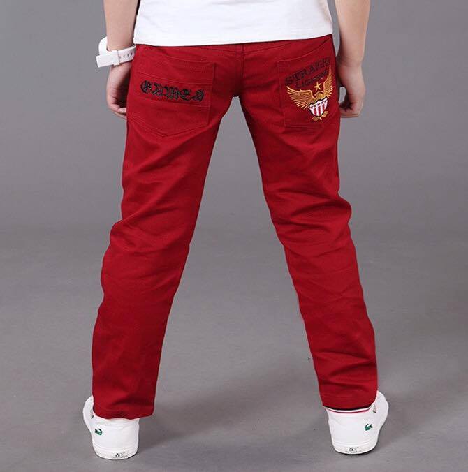 พร้อมส่ง กางเกงขายาว สีแดง กางเกงผ้า ปักลาย ด้านหลัง กางเกงเด็กสีแดง