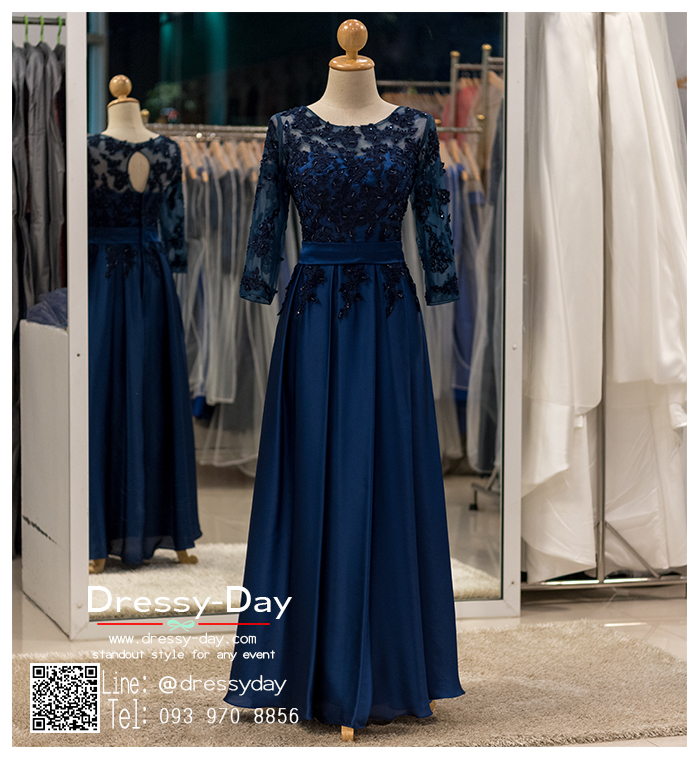รหัส ชุดราตรียาว : AN429 เดรสออกงาน ชุดแซก ชุดราตรียาวสีน้ำเงินแขนยาว ผ้าซาตินใส่สบาย