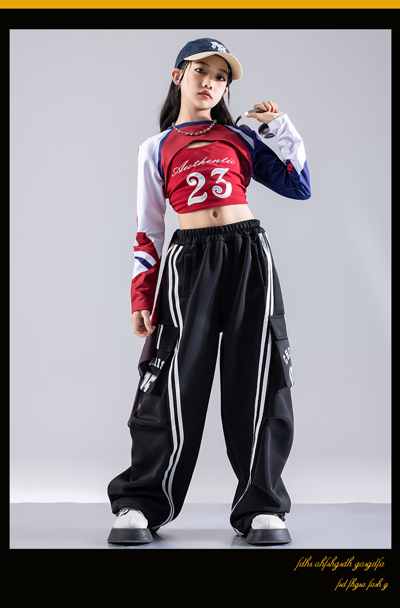 พร้อมส่ง ชุดเต้น สีแดง เลือดหมู เสื้อแขนยาวแต่งหน้าอก+กางเกงขายาวดำ