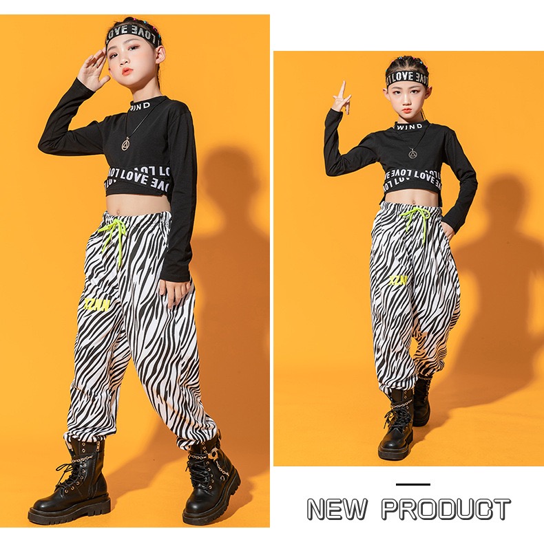 ชุดเต้น ชุดฮิปฮอป เสื้อแขนยาว เอวไขว้ พร้อมกางเกงขาขายาว ม้าลาย