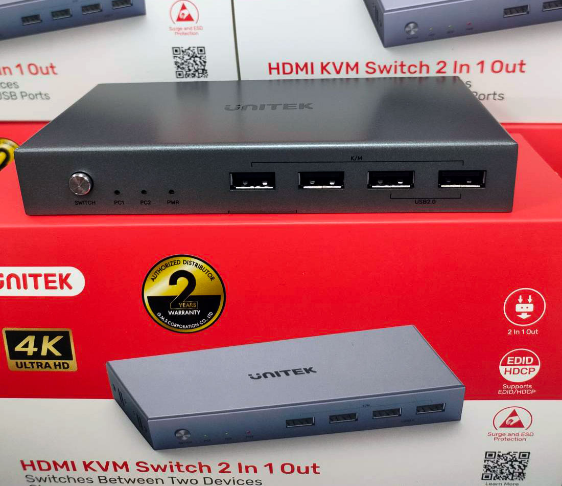 KVM HDMI Switch 2 In 1 Out และ 4 USB รองรับ HDMI2.0 4K 60Hz EDID และคีย์ลัด by Unitek