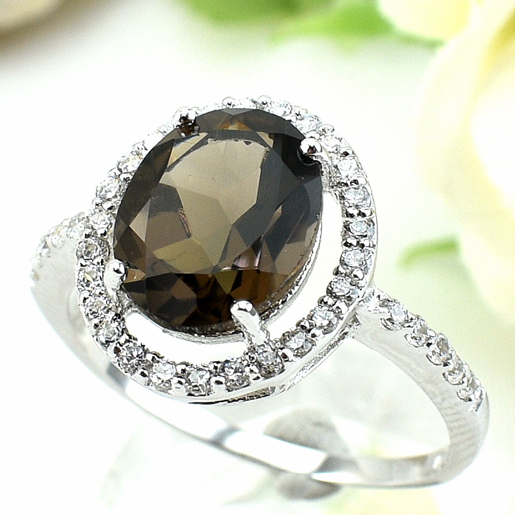 แหวนเงินแท้ราคาถูกชุบทองคำขาว พลอยแท้สโมกกี้ควอทซ์ 2.45 กะรัต เพชรCZ 0.38 กะรัต งานประณีตสวยงาม สั่งผลิตค่ะ