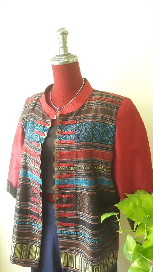 SIVA เสื้อคลุ้มผ้าไหมไทยตกแต่งวัสดุเหลือใช้ SIVA (ส่งฟรี) ดำ,น้ำตาล,ชมภู่,ฟ้า,แดงเลือดหมู M,L,XL,XXL