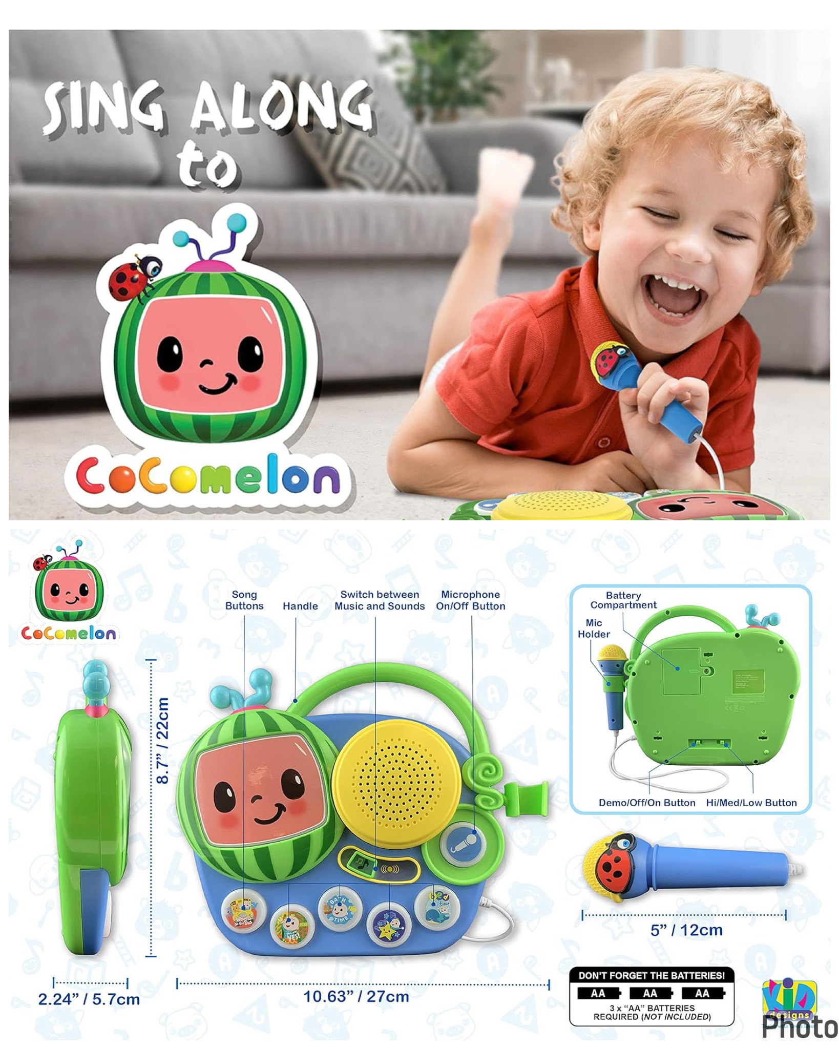 eKids Auxiliary Cocomelon Toy Singalong Boombox with Microphone for Toddlers