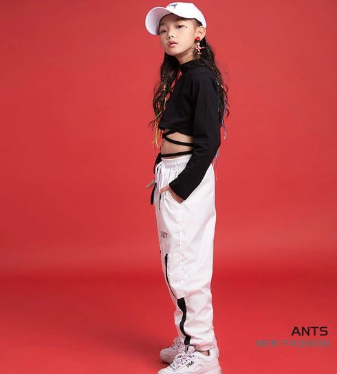 ชุดเต้น ชุดแดนซ์ เสื้อเอวลอยสีดำ+กางเกงขายาวสีขาว