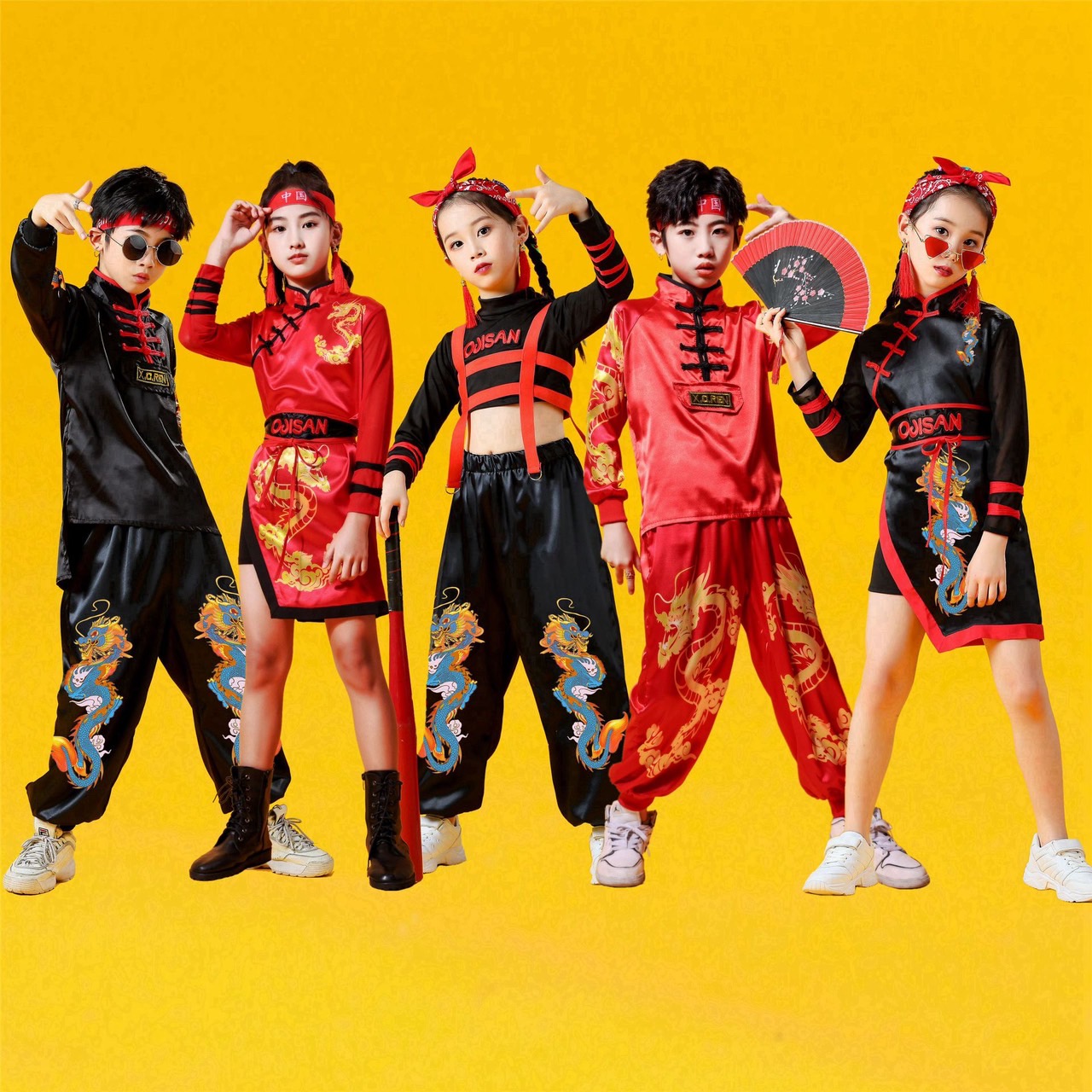 ชุดตรุษจีน เสื้อกี่เพ้าแขนยาวสีดำ+กางเกงขายาวมังกร