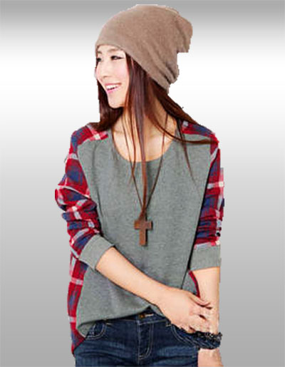 เสื้อแฟชั่นคอกลมแขนยาวแต่งลายสก็อต รหัส 2204