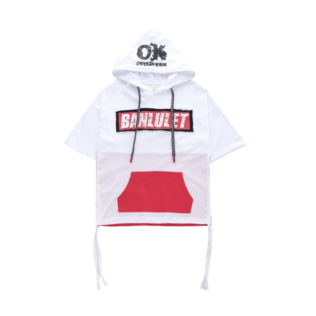 พร้อมส่ง ชุดเต้น Hiphop เสื้อฮูดขาวแต่งกระเป๋าหน้าแดง+กางเกงขายาว สีดำ