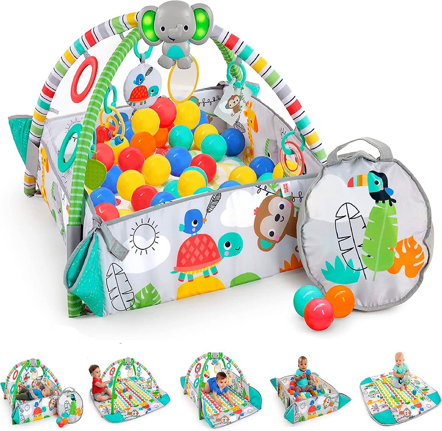 แผ่นรองนอนขนาดใหญ่ Bright Starts 5-in-1 Your Way Ball Play - Jumbo Play Mat Converts to Ball Pit Baby Gym, Newborn to Toddler - Totally Tropical (Green)