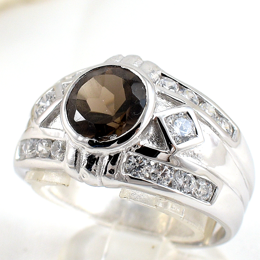 แหวนเงินแท้ราคาถูกชุบทองคำขาว พลอยแท้สโมกกี้ควอทซ์ 1.94 กะรัต เพชรCZ 0.80 กะรัต งานประณีตสวยงาม สั่งผลิตค่ะ